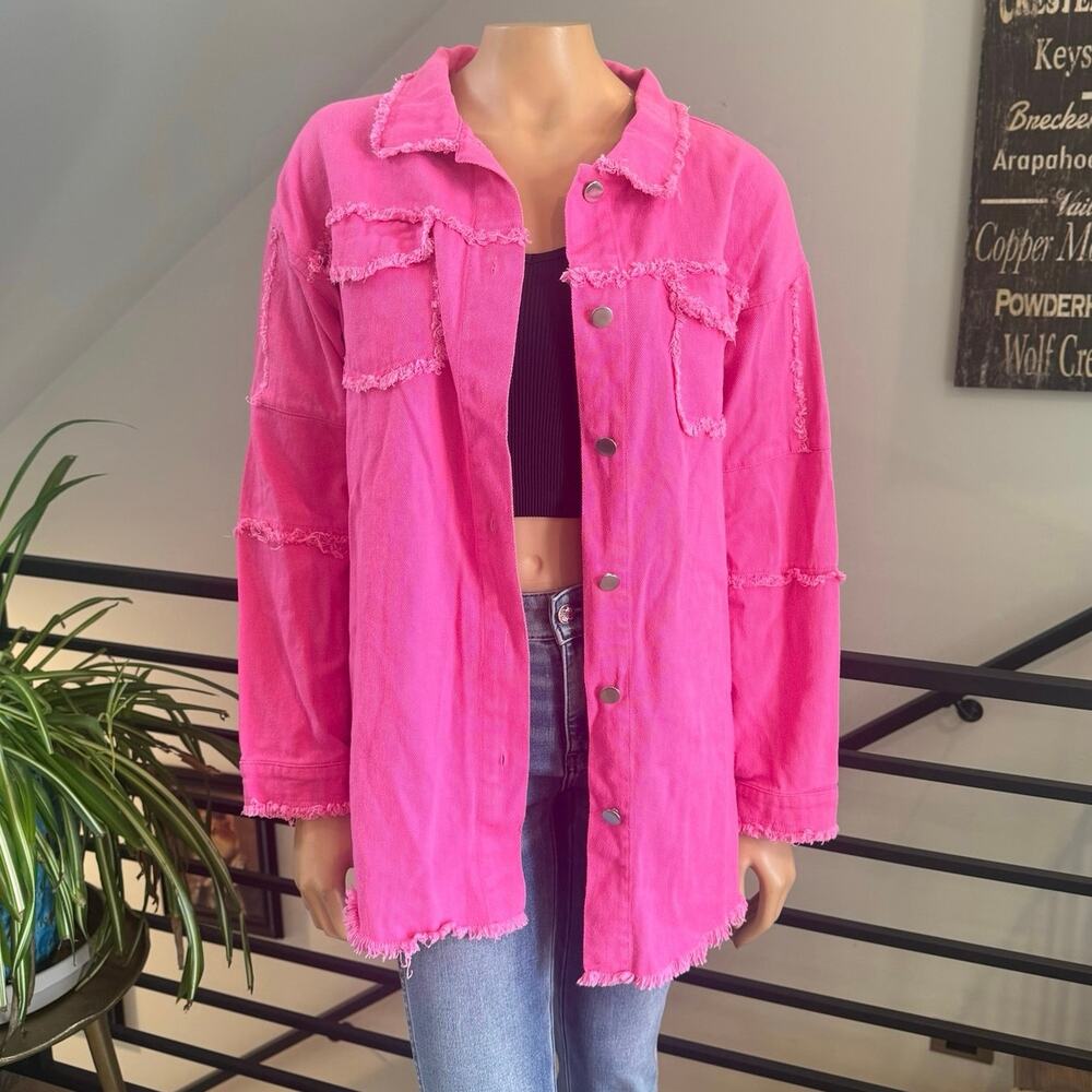 NWT J.NNA Hot Pink Distressed Rock & Roll Chenille Patch Denim Shacket M